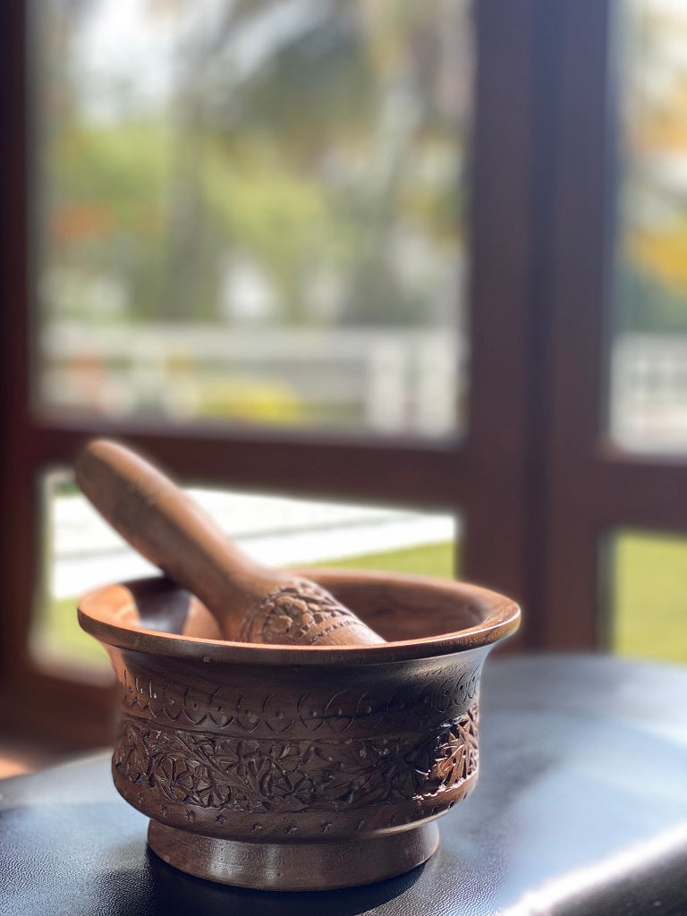 Hand carved walnut wood mortar and pestle